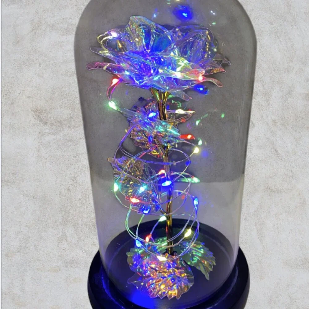 LOVE FOREVER LED ROSE -- Metallic Rose Inside Glass Dome, Lighted, LED, Like New
